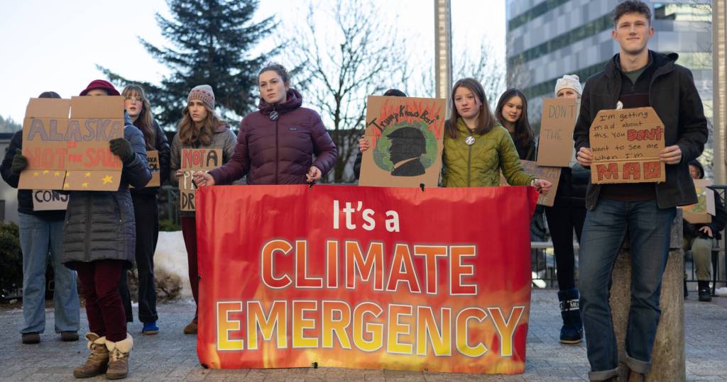 Photos by Chloe Anderson / Juneau Empire
Members of the Juneau-Douglas High School: Yadaa.at Kalé chapter of Alaska Youth for Environmental Action gather outside the Alaska State Capitol building to protest the LNG pipeline on Jan. 24<ins>, 2026</ins>.