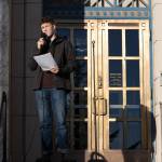 Atagan Hood, co-president of the Juneau-Douglas High School: Yadaa.at Kalé chapter of Alaska Youth for Environmental Action, speaks during a student-led protest on Jan. 24<ins>, 2026</ins>. Dozens of Juneauites gathered outside the Alaska State Capitol building to protest the LNG pipelines advancement.