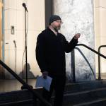 Sen. Jesse Kiehl, D-Juneau, speaks during a student-led protest against the LNG pipeline on Jan. 24<ins>, 2026</ins>. Dozens of Juneauites gathered outside the Alaska State Capitol building to participate in the demonstration.