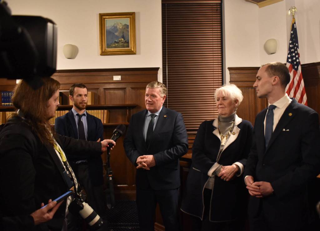 Mari Kanagy/Juneau Empire
Representative Zack Fields, House Majority Leader Chuck Kopp, Representative Louise Stutes and Speaker of the House Bryce Edgmon answer question from the press following Governor Mike Dunleavys State of the State address on Thurday, Jan. 22.