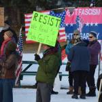 Demonstrators gather at WKFL Park in Homer, Alaska, on Saturday, Jan. 24, 2026, for the "No Kings, No ICE" protest organized by the Homer Women of Action. (Delcenia Cosman/Homer News)