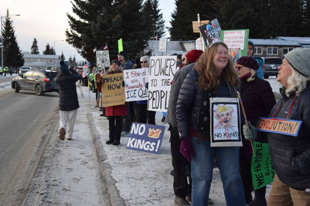 Demonstrators gather at WKFL Park in Homer, Alaska, on Saturday, Jan. 24, 2026, for the No Kings, No ICE protest organized by the Homer Women of Action. (Delcenia Cosman/Homer News)
