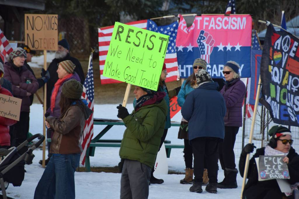 Demonstrators gather at WKFL Park in Homer, Alaska, on Saturday, Jan. 24, 2026, for the No Kings, No ICE protest organized by the Homer Women of Action. (Delcenia Cosman/Homer News)
