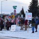 Demonstrators gather at WKFL Park in Homer<ins>, Alaska</ins> on Saturday, Jan. 24<ins>, 2026</ins> for the No Kings, No ICE protest organized by the Homer Women of Action. (Delcenia Cosman/Homer News)