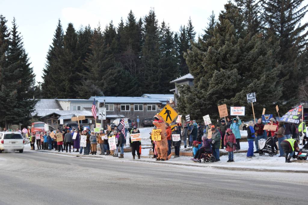 Three hundred gather at WKFL park in Homer, Alaska, on Saturday, Jan. 24, 2026, for the No Kings, No ICE rally organized by the Homer Women of Action. (Delcenia Cosman/Homer News)