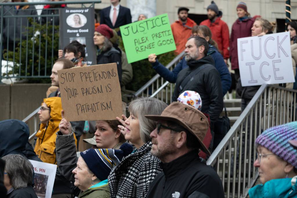 Over 200 people gathered at the Dimond Courthouse plaza on Jan. 29, 2026 to protest a vote that would further funding for Immigration and Customs Enforcement. Since the beginning of January, federal agents have detained a 5-year-old boy and killed two people in Minneapolis, sparking outrage across the country.