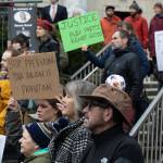 Over 200 people gathered at the Dimond Courthouse plaza on Jan. 29, 2026 to protest a vote that would further funding for Immigration and Customs Enforcement. Since the beginning of January, federal agents have detained a 5-year-old boy and killed two people in Minneapolis, sparking outrage across the country.
