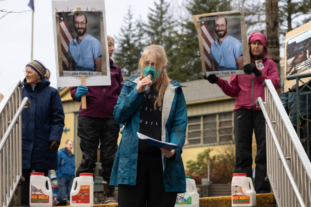 Denali Marin speaks during an anti-ICE protest in Juneau on Jan. 29<ins>, 2026</ins>. Over 200 people gathered at the Dimond Courthouse plaza to protest advancing funding for ICE, whose agents have detained a 5-year-old boy and killed two people in Minneapolis in recent weeks.