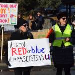 A protester crosses Pioneer Avenue carrying a sign that reads, It is not red or blue, it is fascists vs u, during the ICE OUT demonstration on Sunday, Feb. 1, 2026, at WKFL Park in Homer, Alaska. (Delcenia Cosman/Homer News)