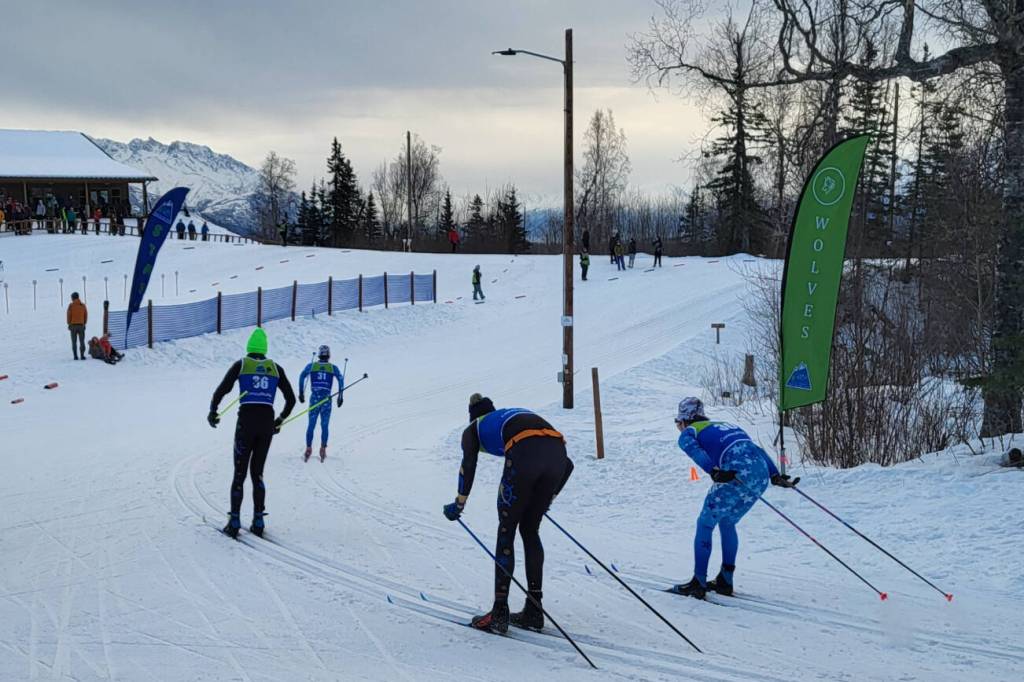 Soldotna's Ollie Dahl is chased by Homer's Tait Ostrom and Johannes Bynagle and Soldotna's Michael Davidson during the 7.5-kilometer classic race on Saturday, Feb. 7 in Palmer, Alaska. Photo courtesy Jessie Goodrich