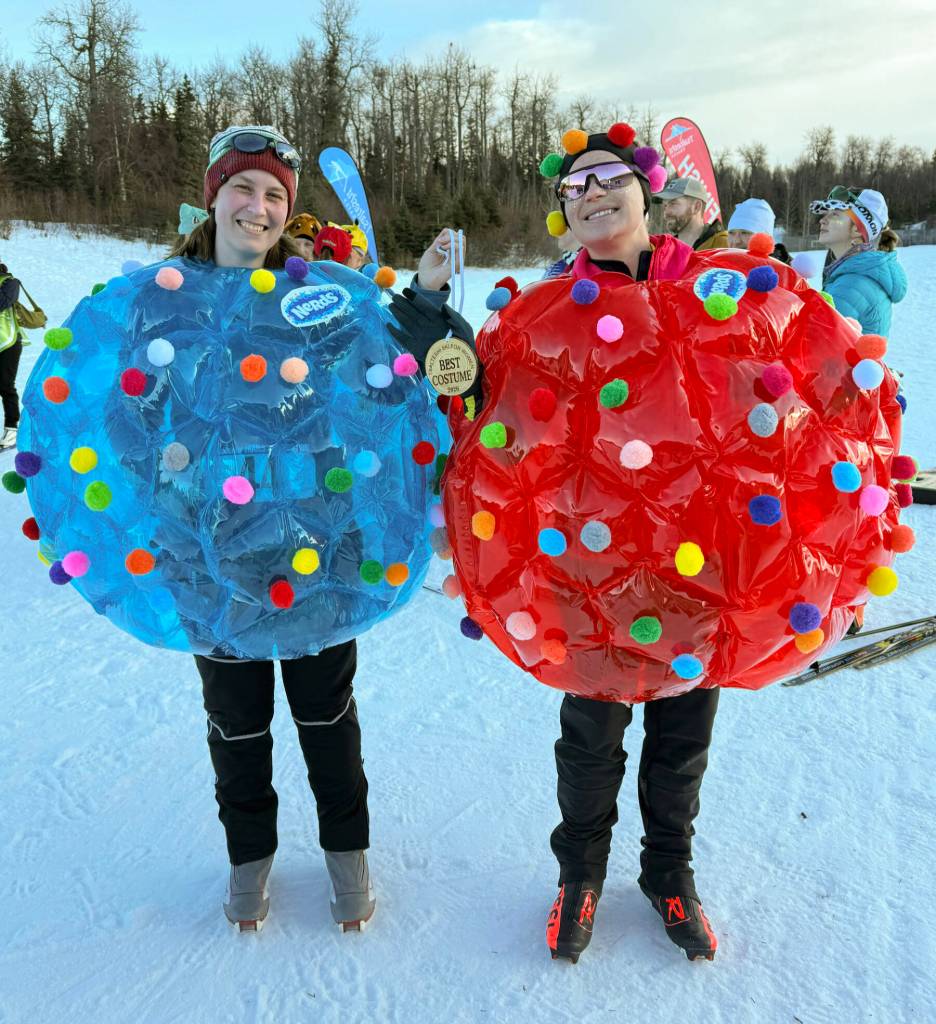 Best costume (from left):Cassie Collins (left) and Morgan Aldridge (right), dressed as Nerds clusters, win Best Costume at the 20th annual Ski for Women on Sunday, Feb. 8<ins>, 2026,</ins> at the Tsalteshi Trails in Soldotna<ins>, Alaska</ins>. Photo courtesy Erin Thompson