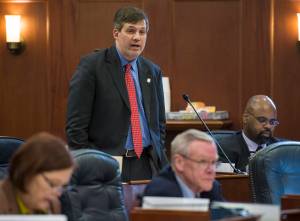 Sen. Bill Wielechowski, D-Anchorage, speaks to his amendment to the state&rsquo;s operating budget to inflation proof the Alaska Permanent Fund in the Senate at the Capitol on Thursday, April 12, 2018. The amendment was voted down 11-9. (Michael Penn | Juneau Empire)